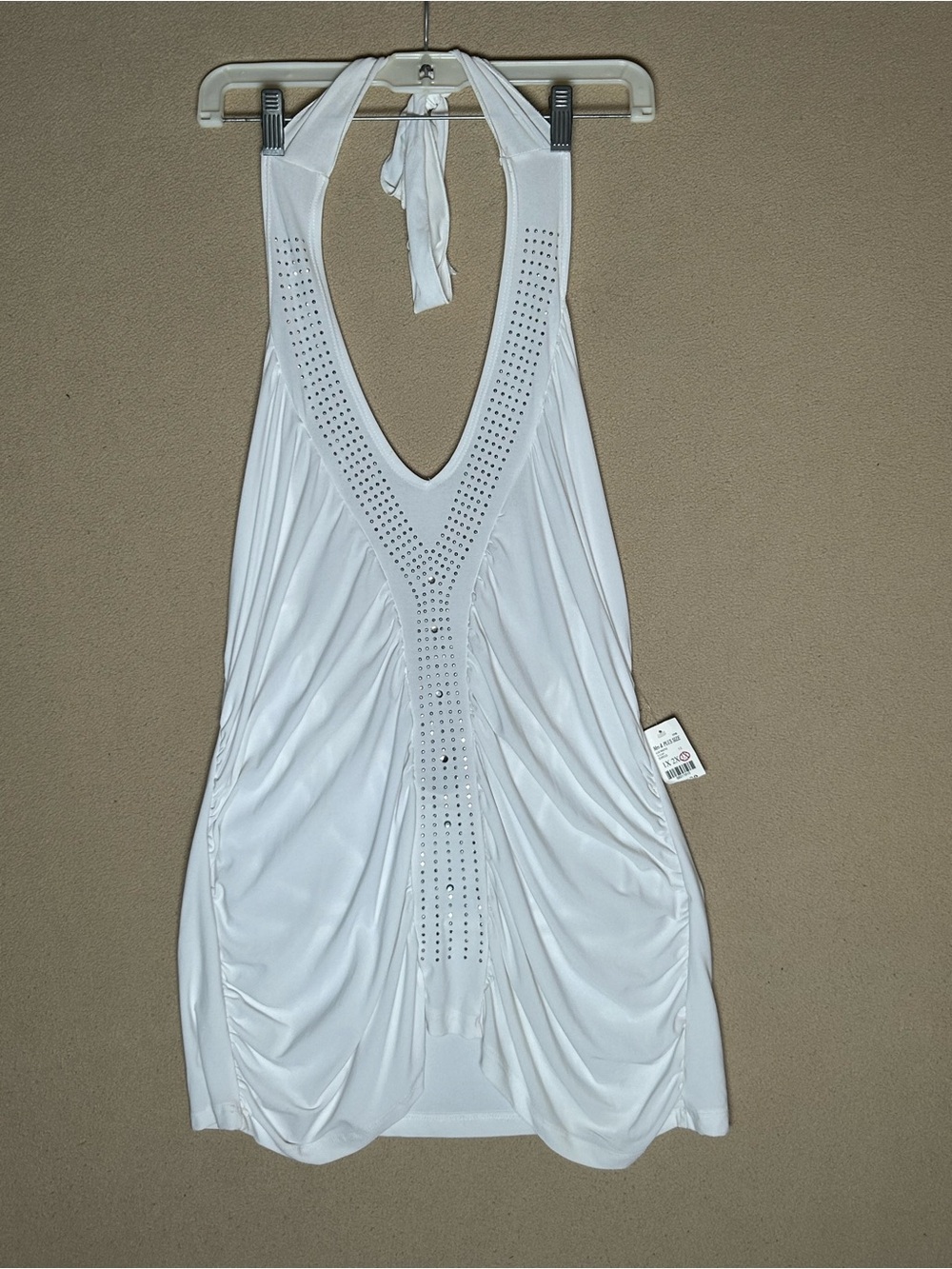 Y2K Halter Mini dress. White Backless, Ruched center with Rhinestone Trim.